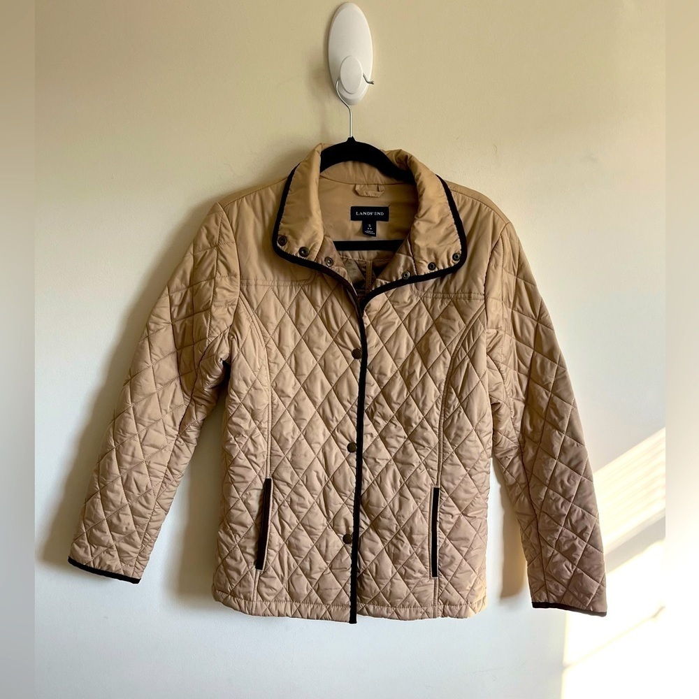 Lands’ End Tan with Brown Trim Quilted Snap up Lightweight Jacket Womens Small